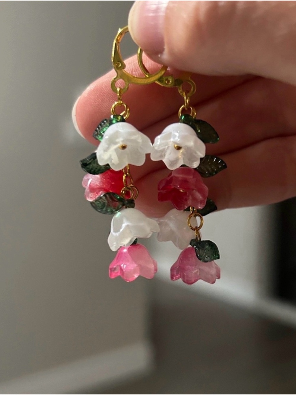 Gold Floral Drop Earrings with White and Pink Flowers